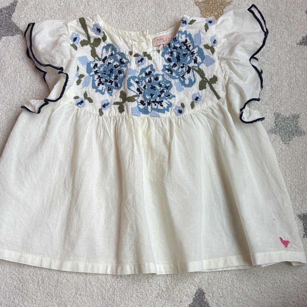 Pink Chicken White Blouse with Blue Floral Embroidery